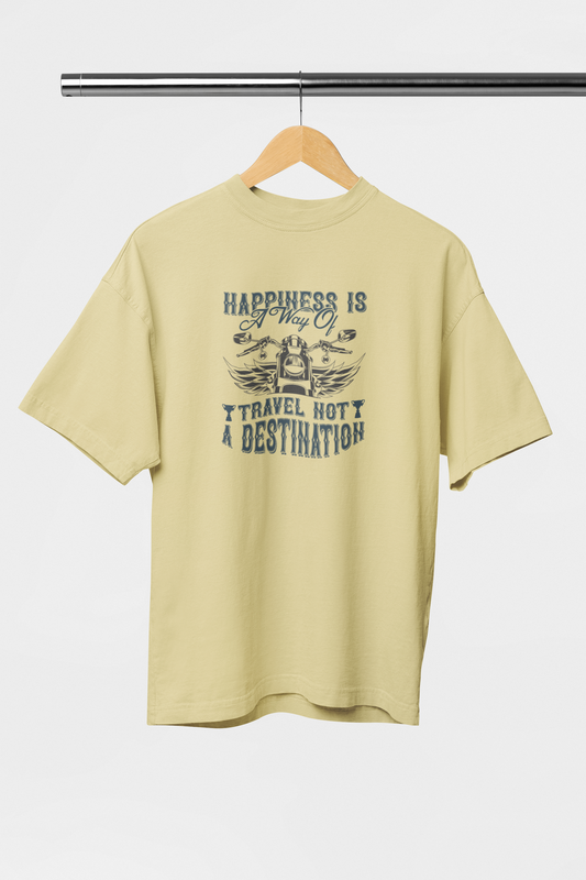 HappinessIs A Way Of Travel Not A Destination - Evoke Bean Unisex Oversized Printed Graphic T-Shirt – Beige